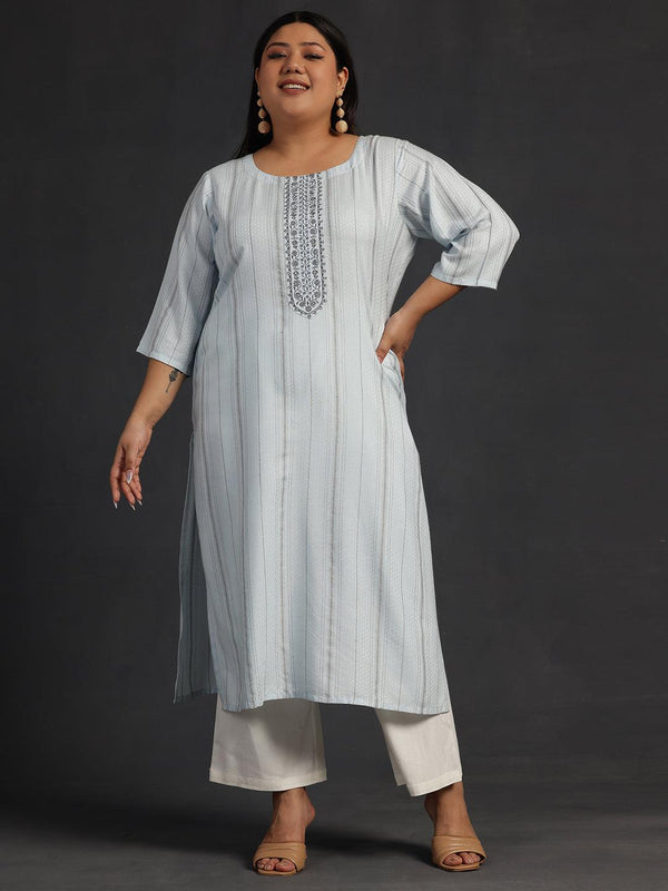 Plus Size Blue Yoke Design Rayon Straight Kurta