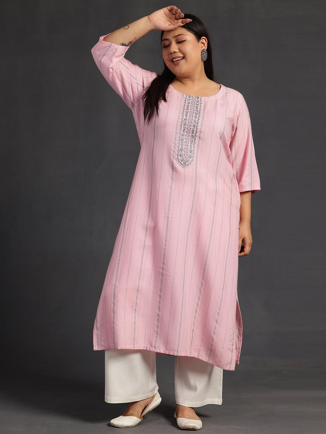 Plus Size Pink Yoke Design Rayon Straight Kurta - Jashvi