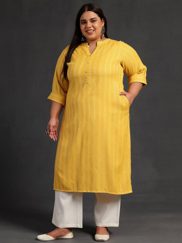 Plus Size Yellow Woven Design Rayon Straight Kurta - Jashvi