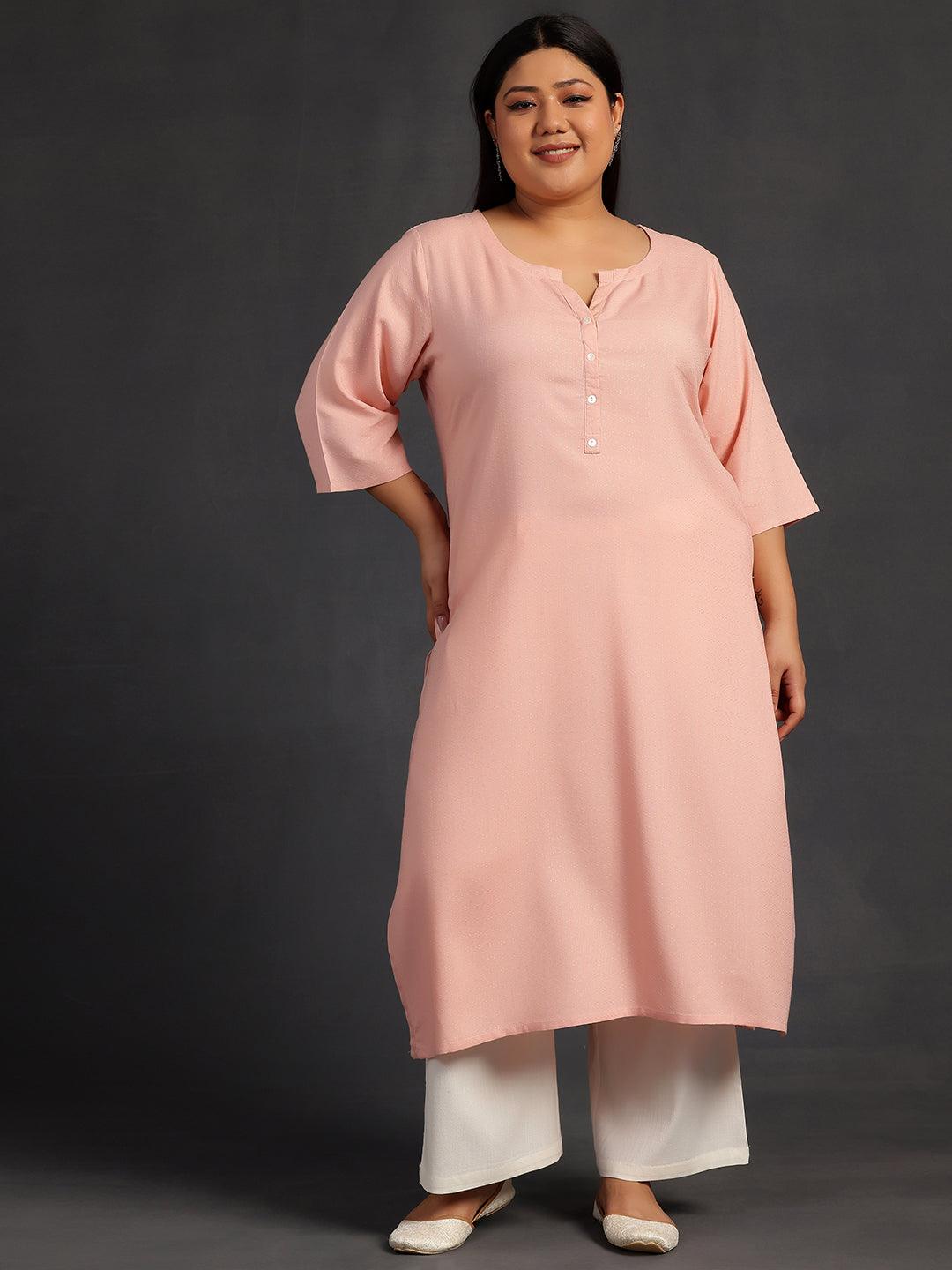 Plus Size Pink Woven Design Rayon Straight Kurta - Jashvi