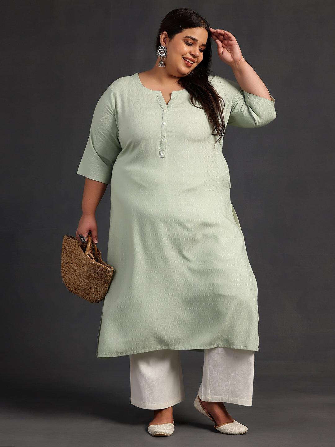 Plus Size Green Woven Design Rayon Straight Kurta - Jashvi