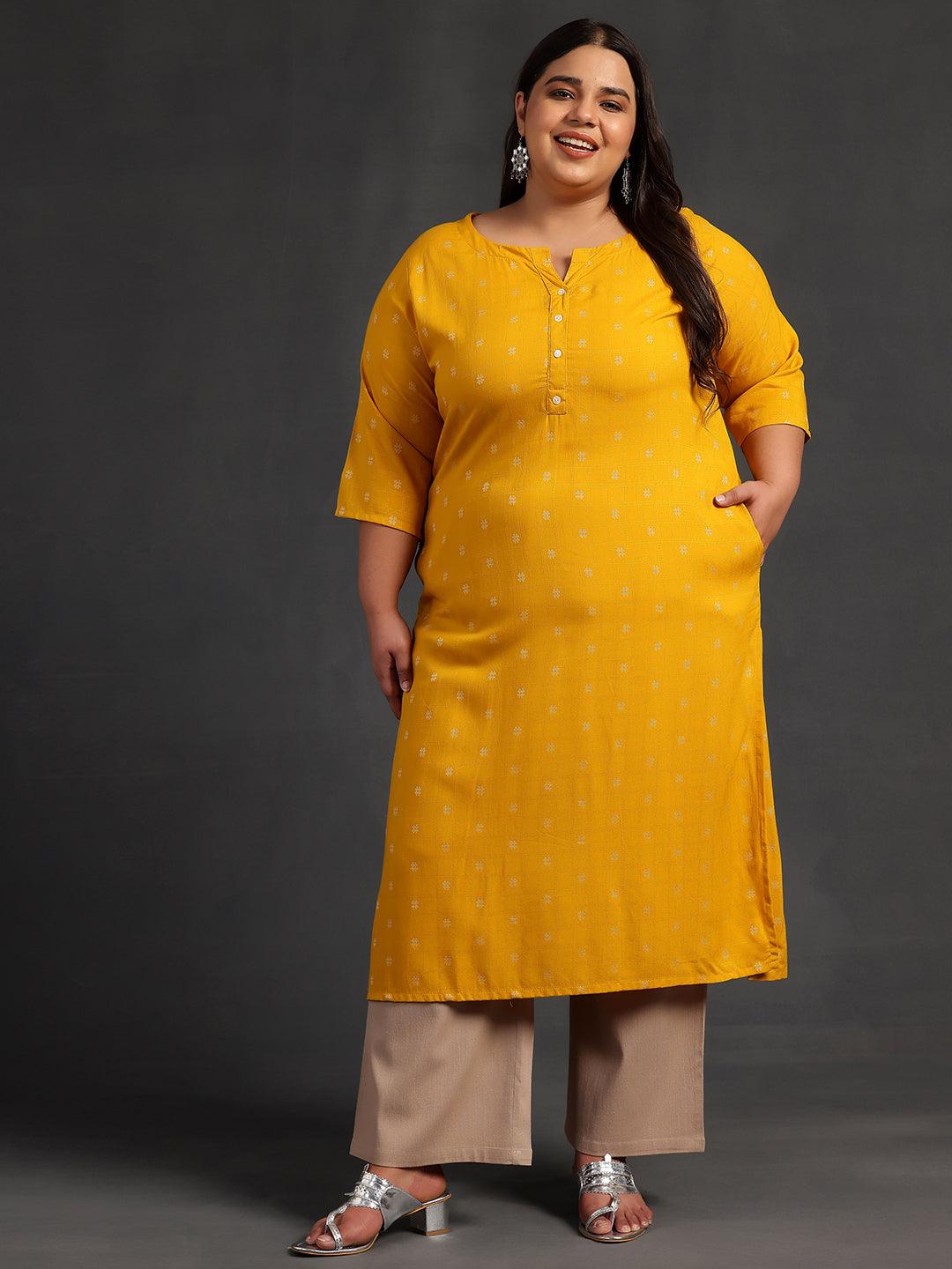 Plus Size Mustard Woven Design Rayon Straight Kurta - Jashvi