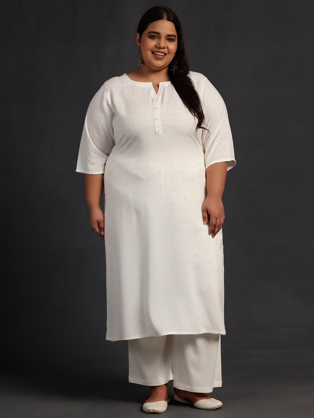 Plus Size Cream Woven Design Rayon Straight Kurta - Jashvi