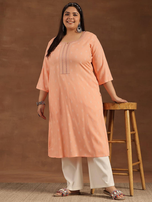 Plus Size Peach Embroidered Cotton Straight Kurta - Jashvi