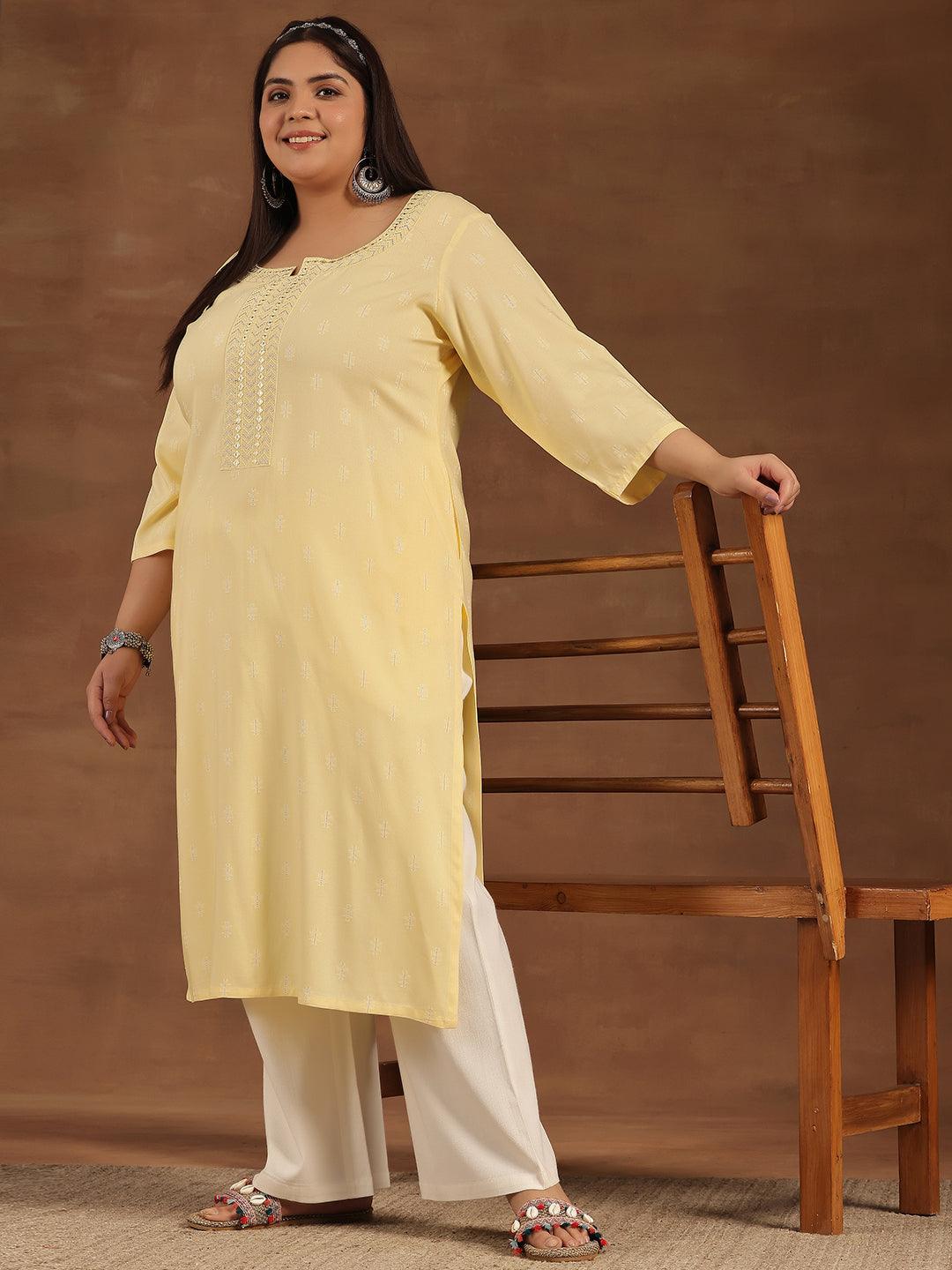 Plus Size Yellow Embroidered Cotton Straight Kurta - Jashvi