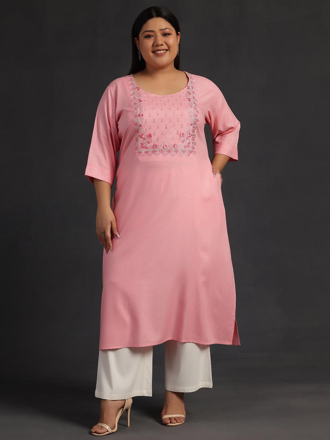 Plus Size Pink Yoke Design Rayon Straight Kurta - Jashvi