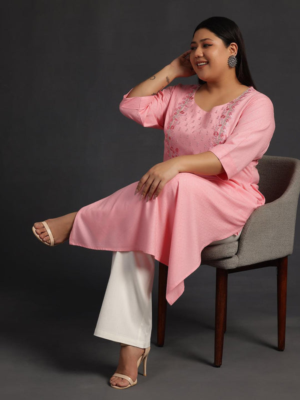 Plus Size Pink Yoke Design Rayon Straight Kurta