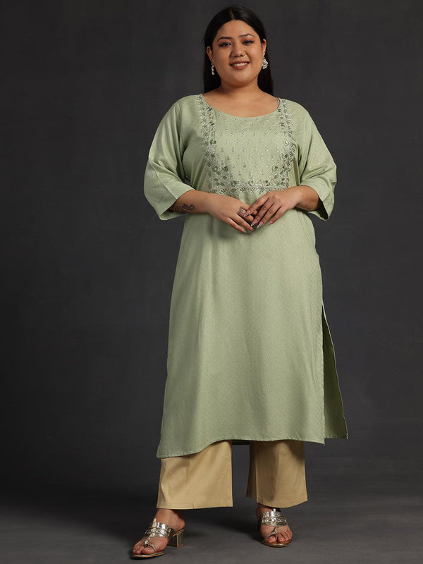 Plus Size Green Yoke Design Rayon Straight Kurta - Jashvi