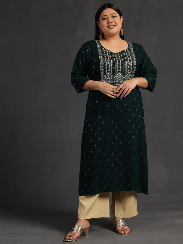 Plus Size Green Yoke Design Rayon Straight Kurta - Jashvi