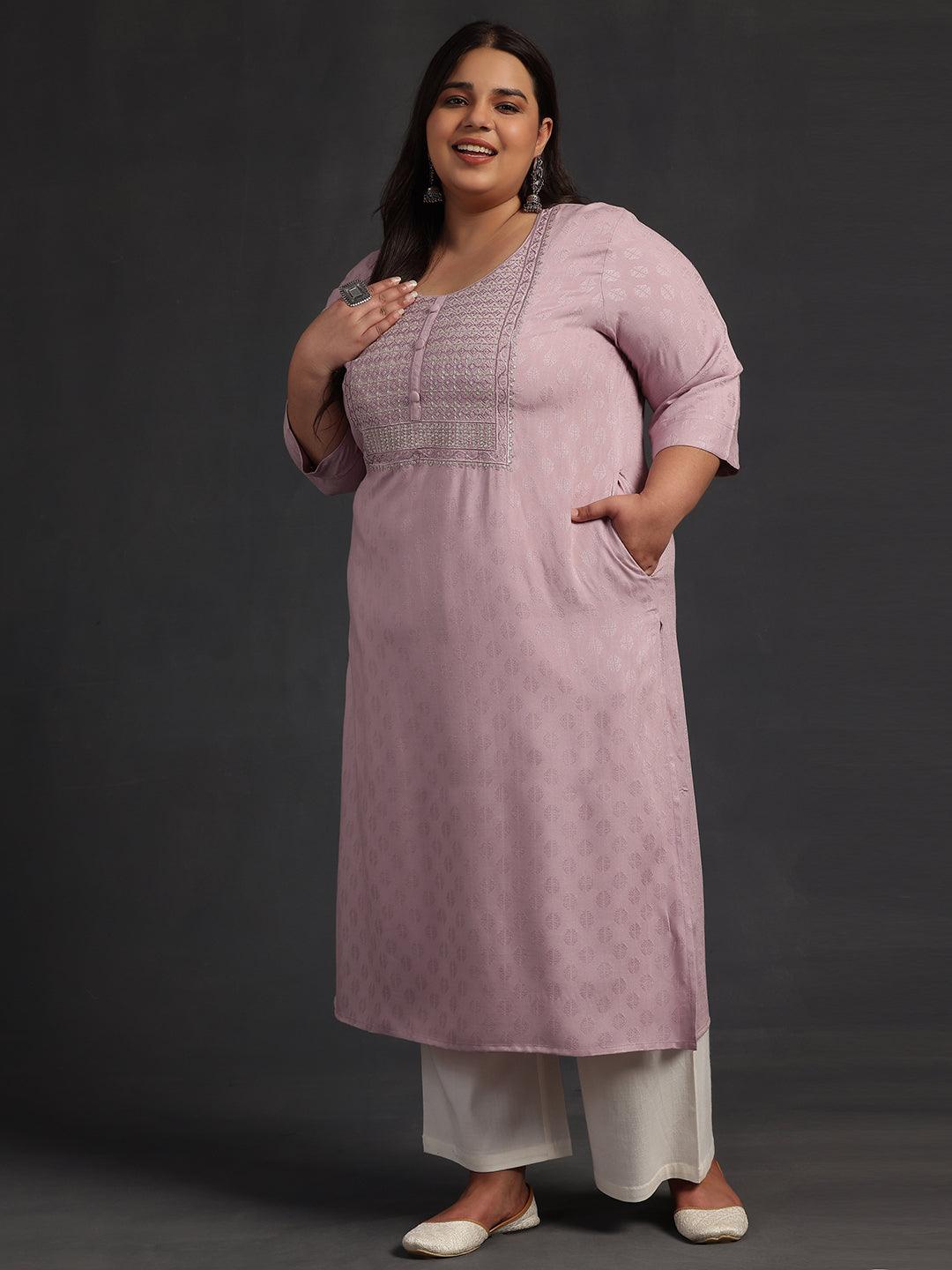 Plus Size Pink Yoke Design Rayon Straight Kurta - Jashvi