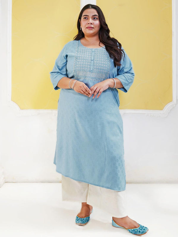 Plus Size Blue Yoke Design Rayon Straight Kurta