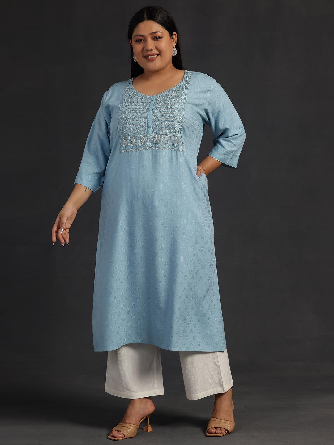 Plus Size Blue Yoke Design Rayon Straight Kurta - Jashvi