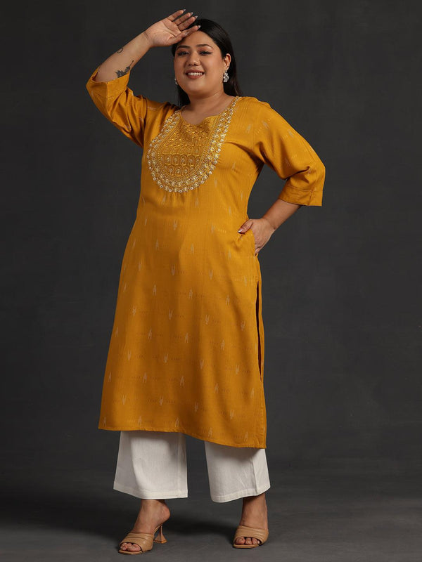 Plus Size Mustard Yoke Design Rayon Straight Kurta - Jashvi