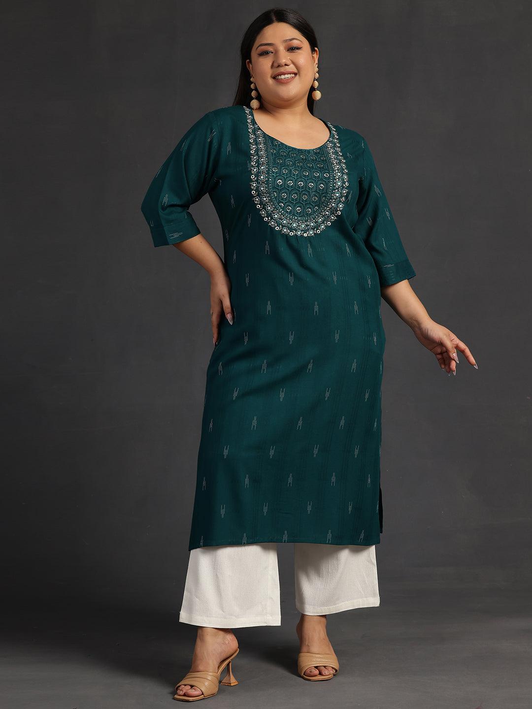 Plus Size Green Yoke Design Rayon Straight Kurta - Jashvi