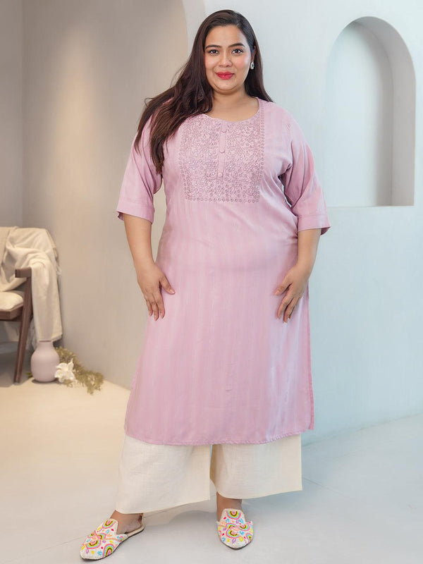 Plus Size Pink Yoke Design Silk Straight Kurta