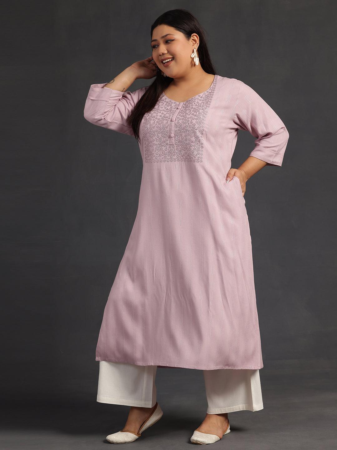 Plus Size Pink Yoke Design Silk Straight Kurta - Jashvi