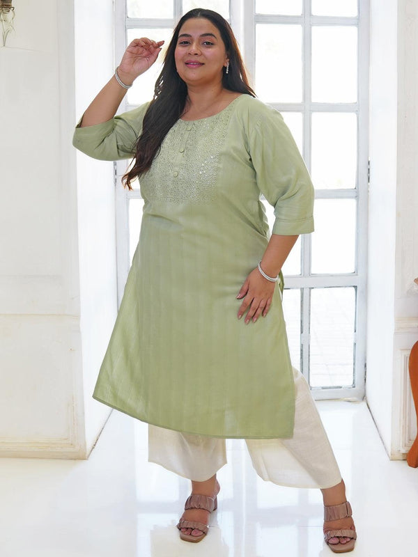 Plus Size Green Yoke Design Silk Straight Kurta