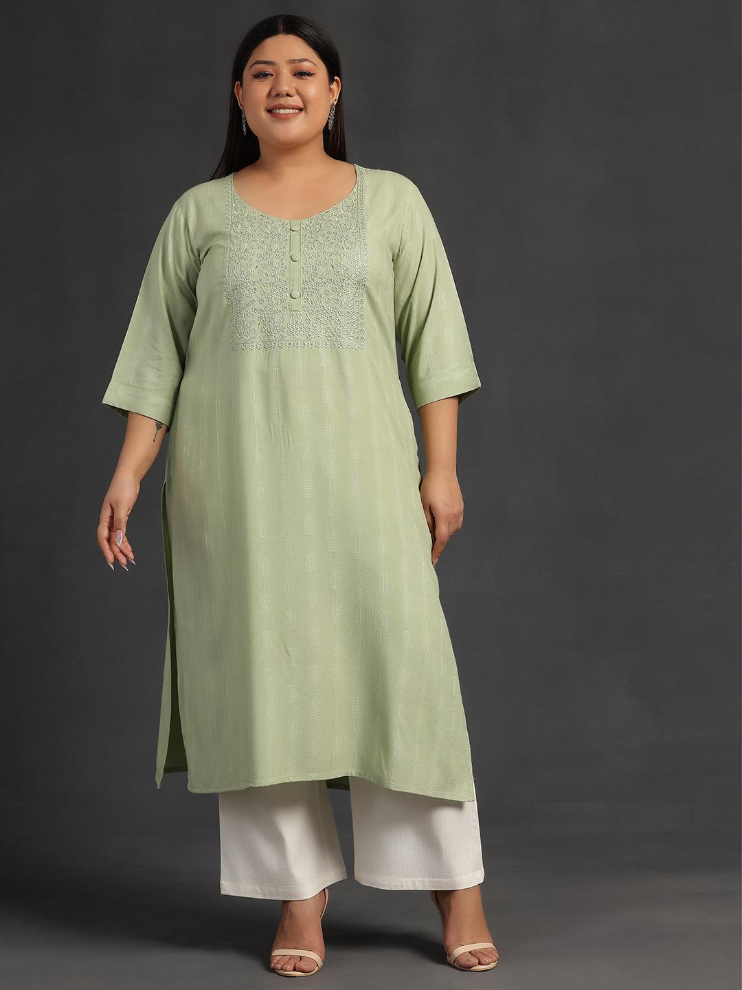 Plus Size Green Yoke Design Silk Straight Kurta - Jashvi