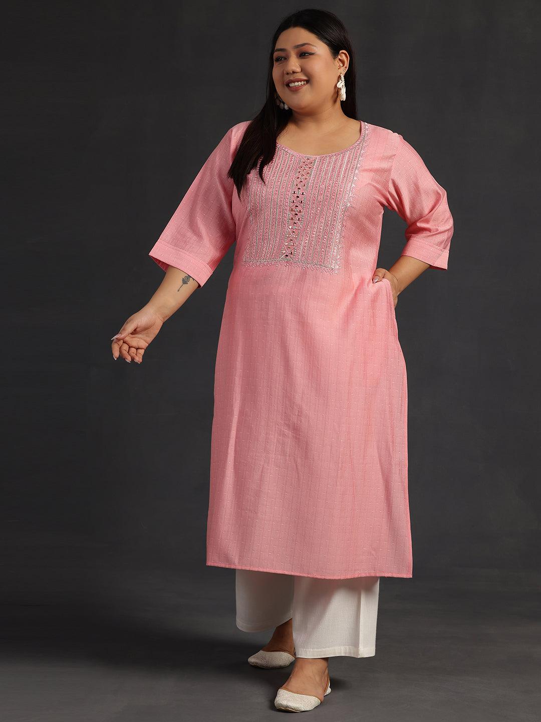 Plus Size Peach Yoke Design Silk Straight Kurta - Jashvi