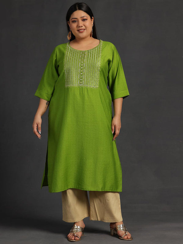 Plus Size Green Yoke Design Silk Straight Kurta - Jashvi