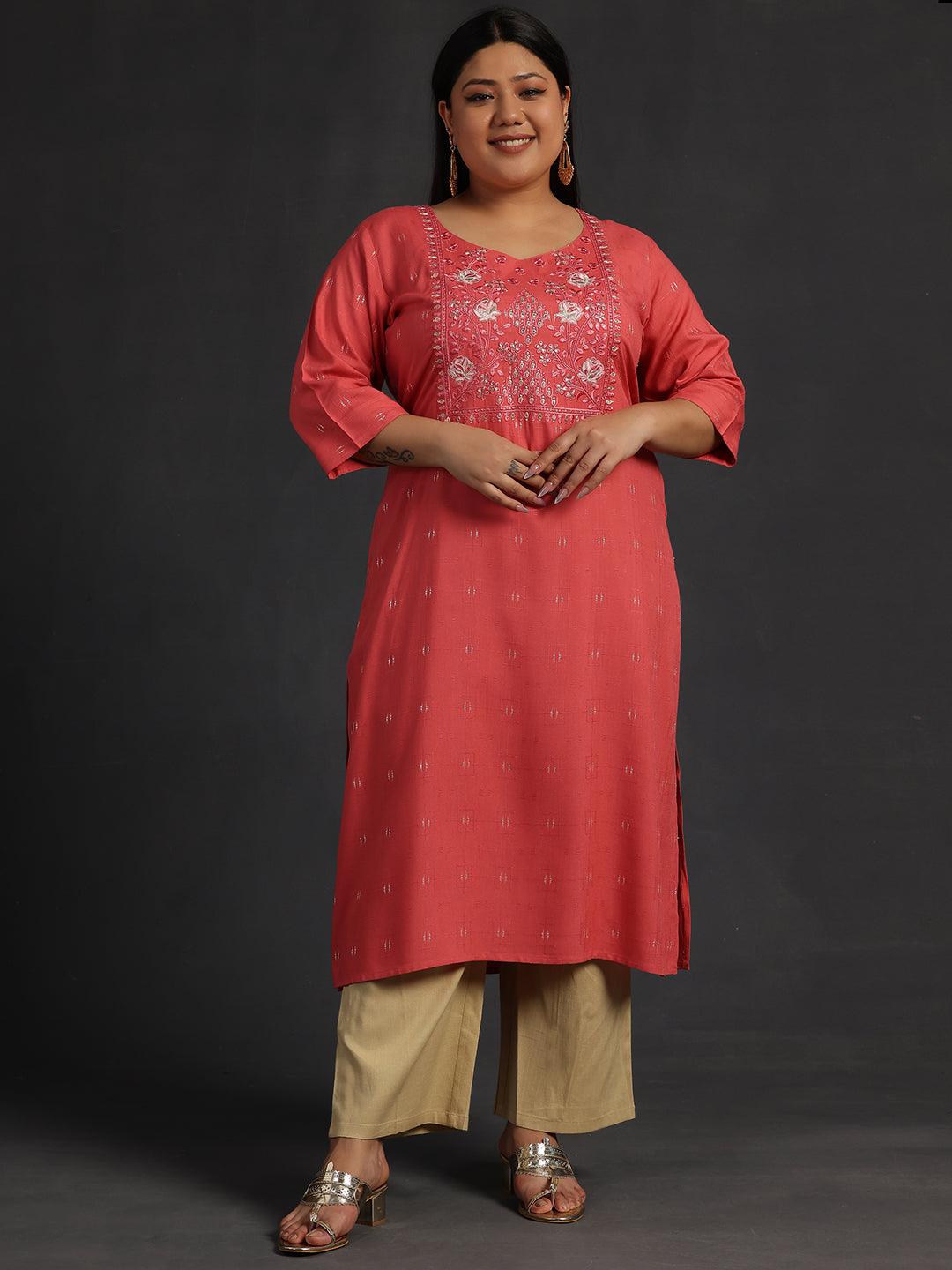 Plus Size Coral Yoke Design Silk Straight Kurta - Jashvi