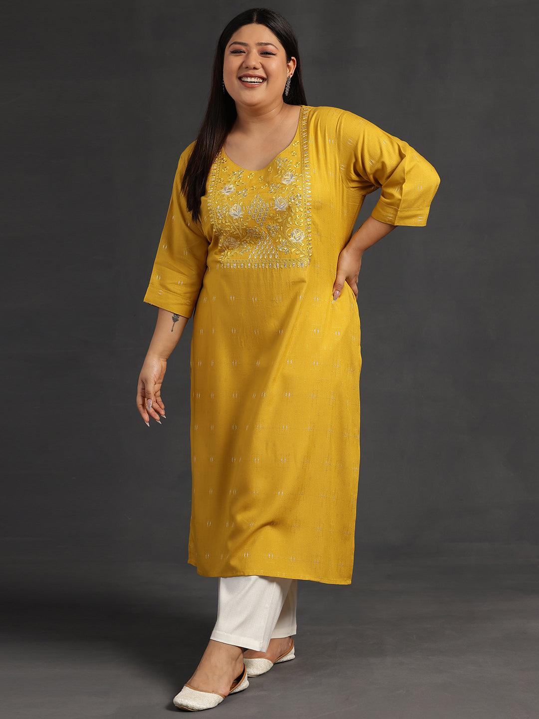 Plus Size Mustard Yoke Design Silk Straight Kurta - Jashvi