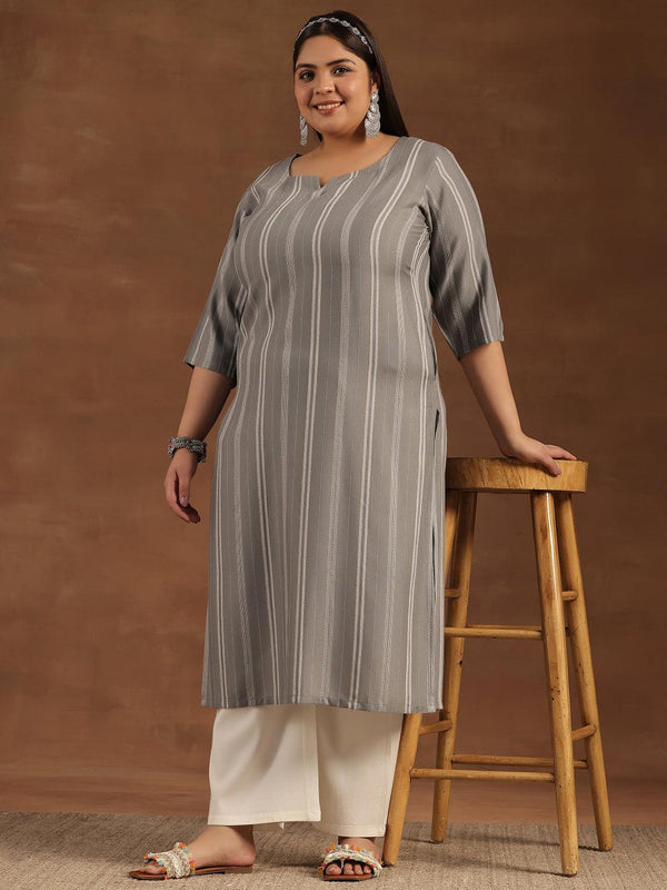 Plus Size Grey Woven Design Rayon Straight Kurta - Jashvi