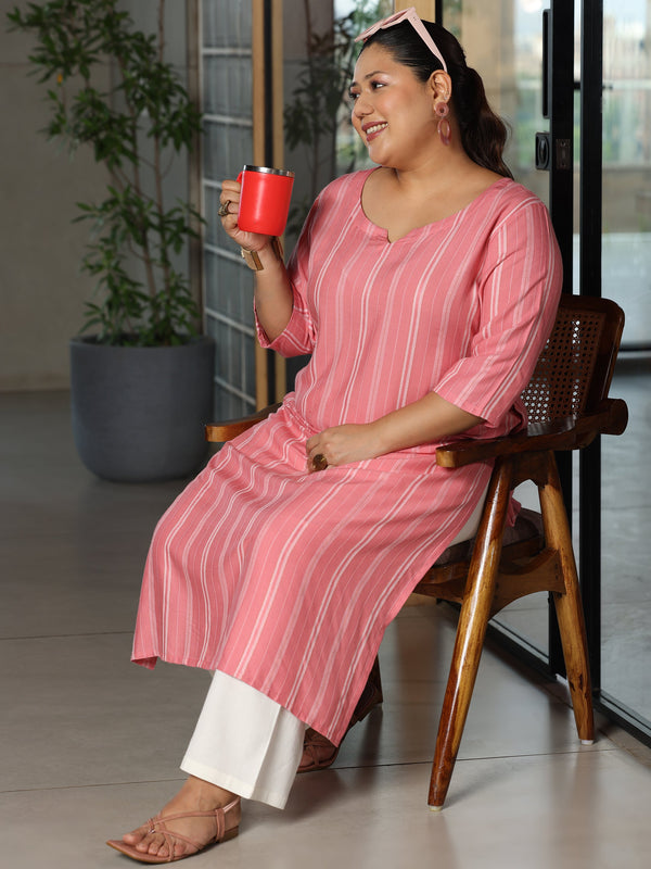 Plus Size Pink Woven Design Rayon Straight Kurta