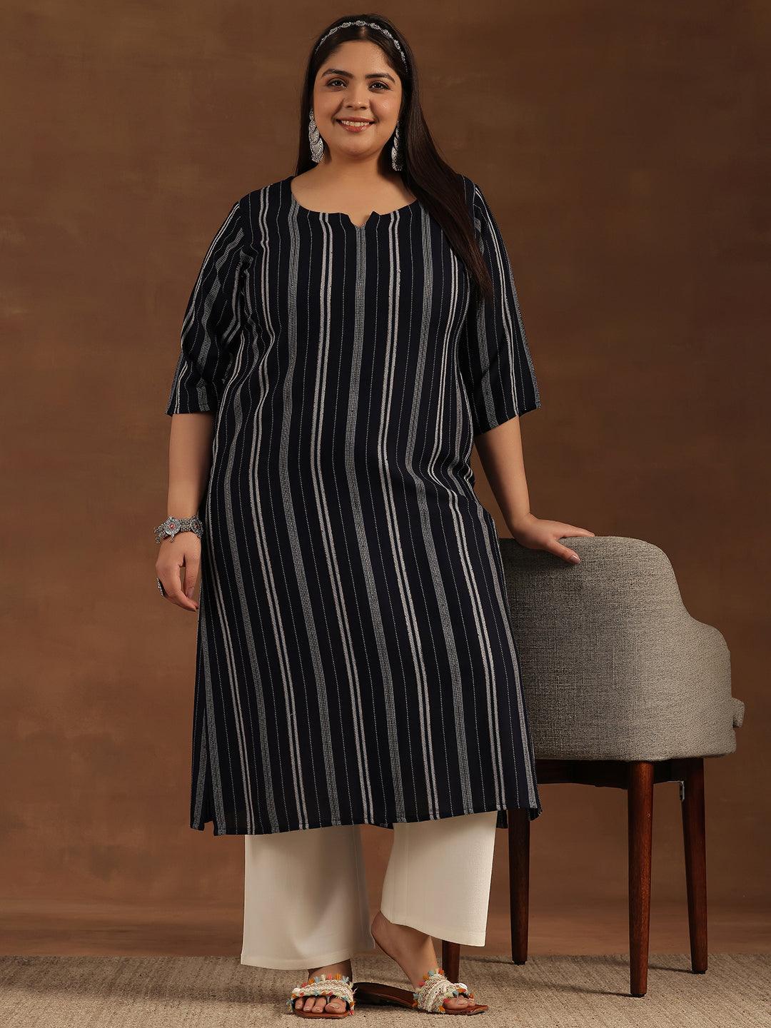 Plus Size Navy Blue Striped Rayon Straight Kurta - Jashvi