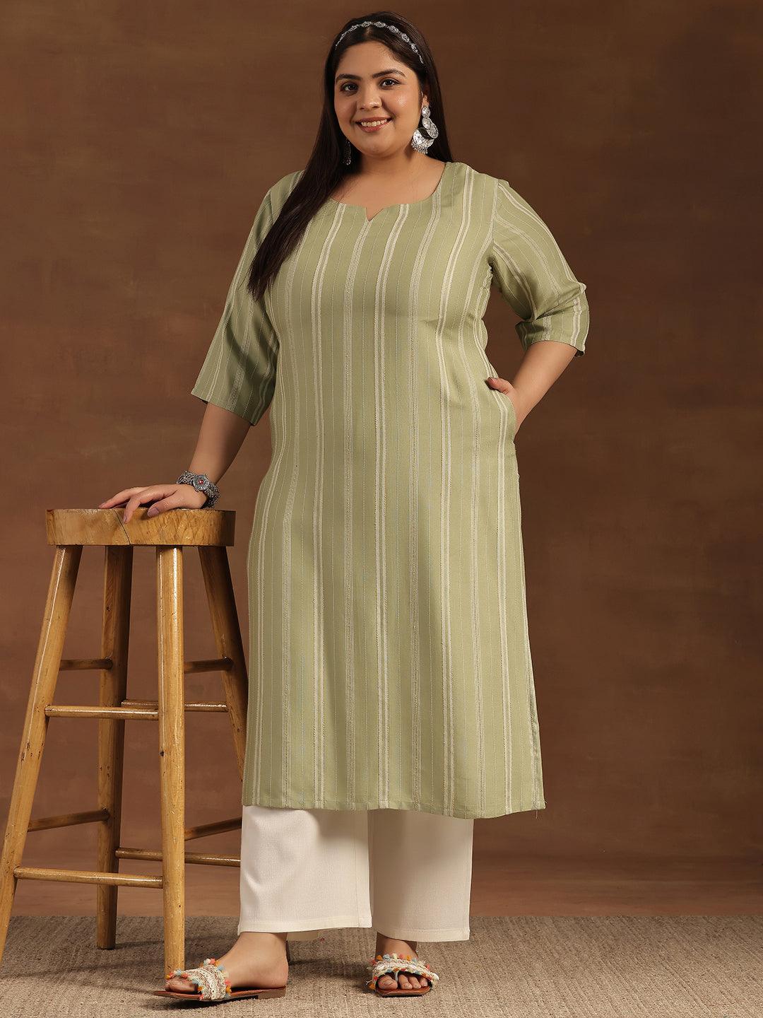 Plus Size Green Woven Design Rayon Straight Kurta - Jashvi