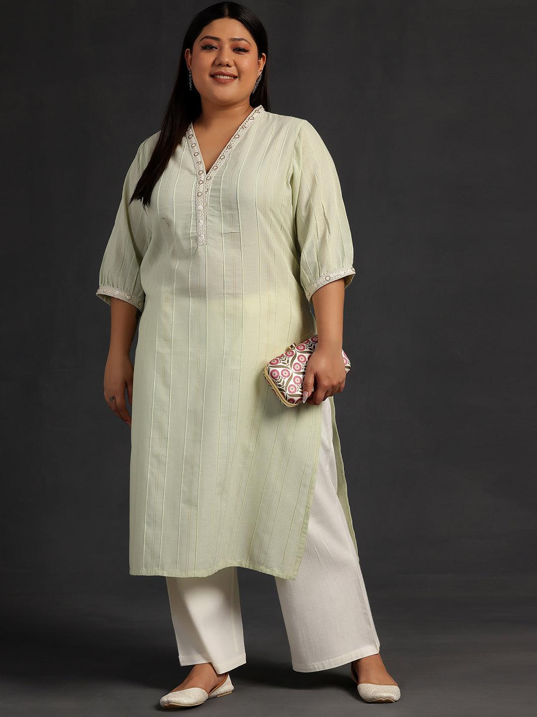 Plus Size Green Woven Design Cotton Straight Kurta - Jashvi