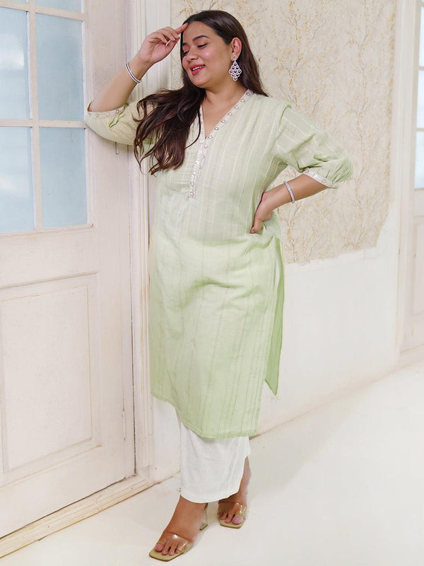 Plus Size Green Woven Design Cotton Straight Kurta