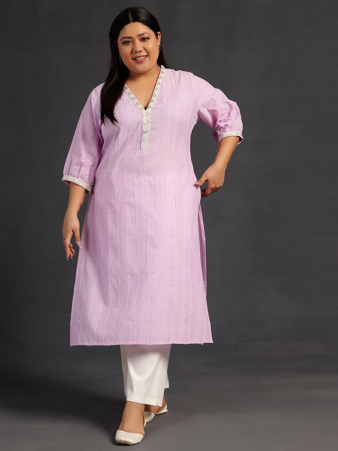 Plus Size Purple Woven Design Cotton Straight Kurta - Jashvi