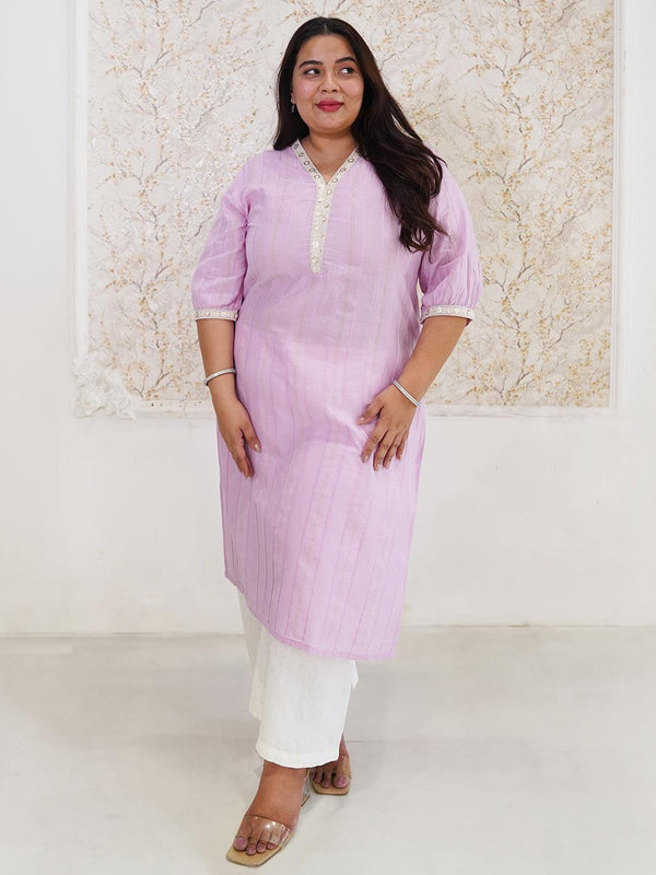 Plus Size Purple Woven Design Cotton Straight Kurta