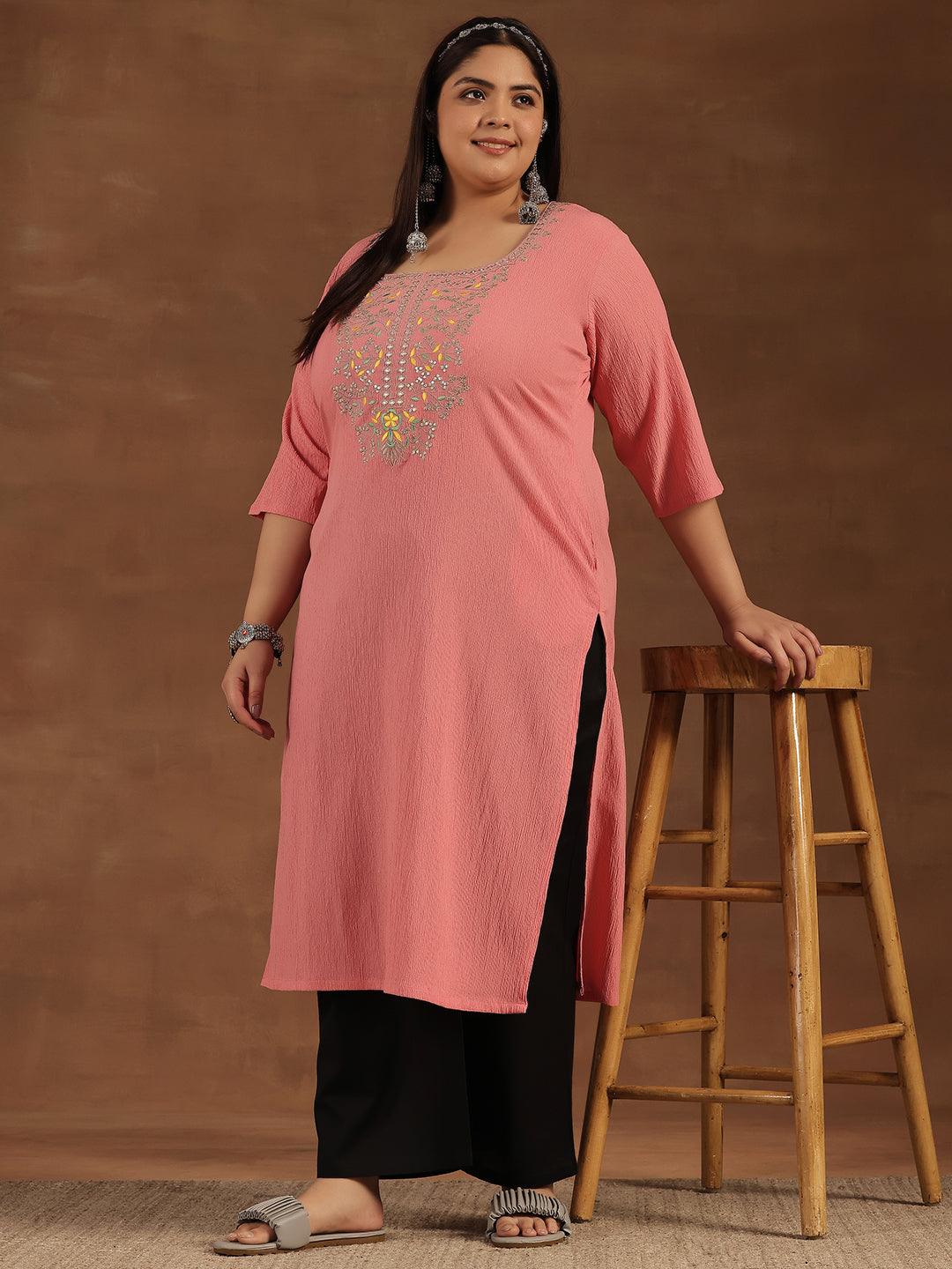 Plus Size Pink Yoke Design Polyester Straight Kurta - Jashvi