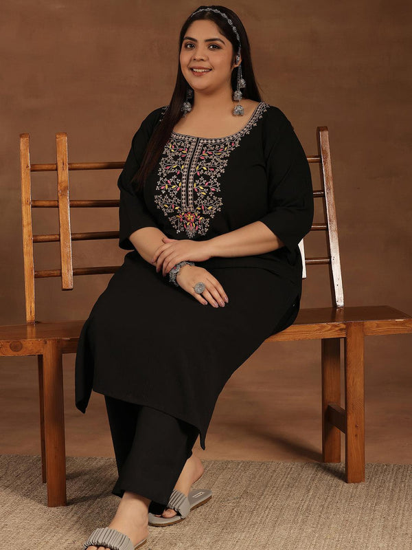 Plus Size Black Yoke Design Polyester Straight Kurta - Jashvi