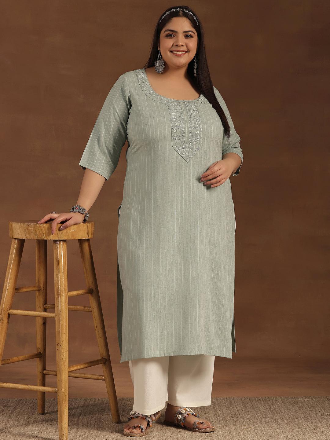 Plus Size Green Yoke Design Rayon Straight Kurta - Jashvi