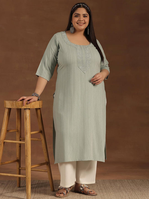 Plus Size Green Yoke Design Rayon Straight Kurta - Jashvi