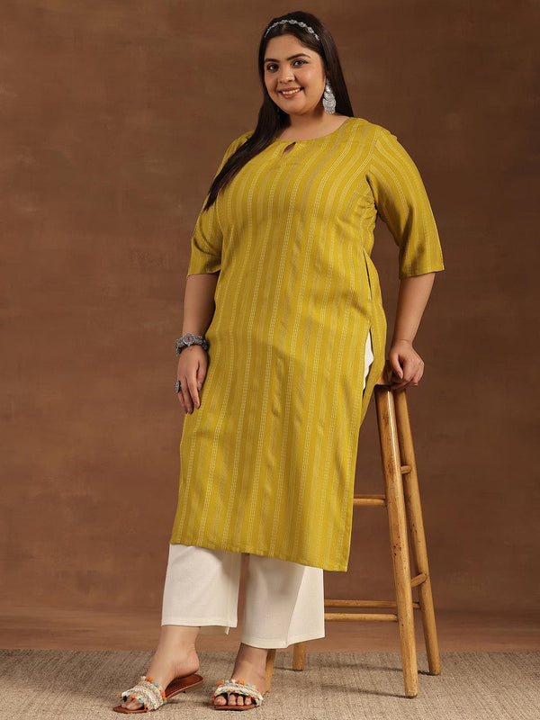 Plus Size Mustard Striped Rayon Straight Kurta - Jashvi