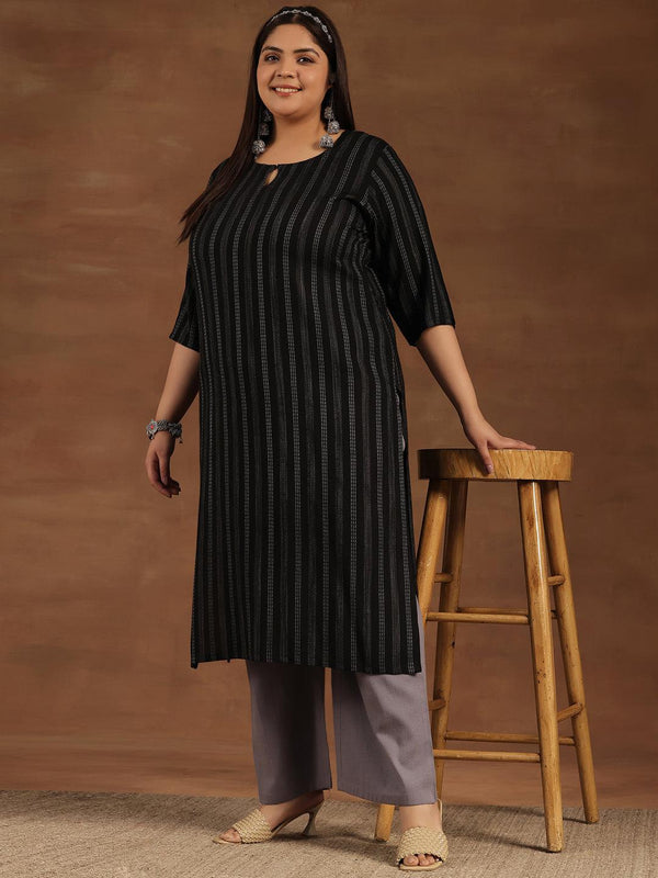 Plus Size Black Striped Rayon Straight Kurta - Jashvi