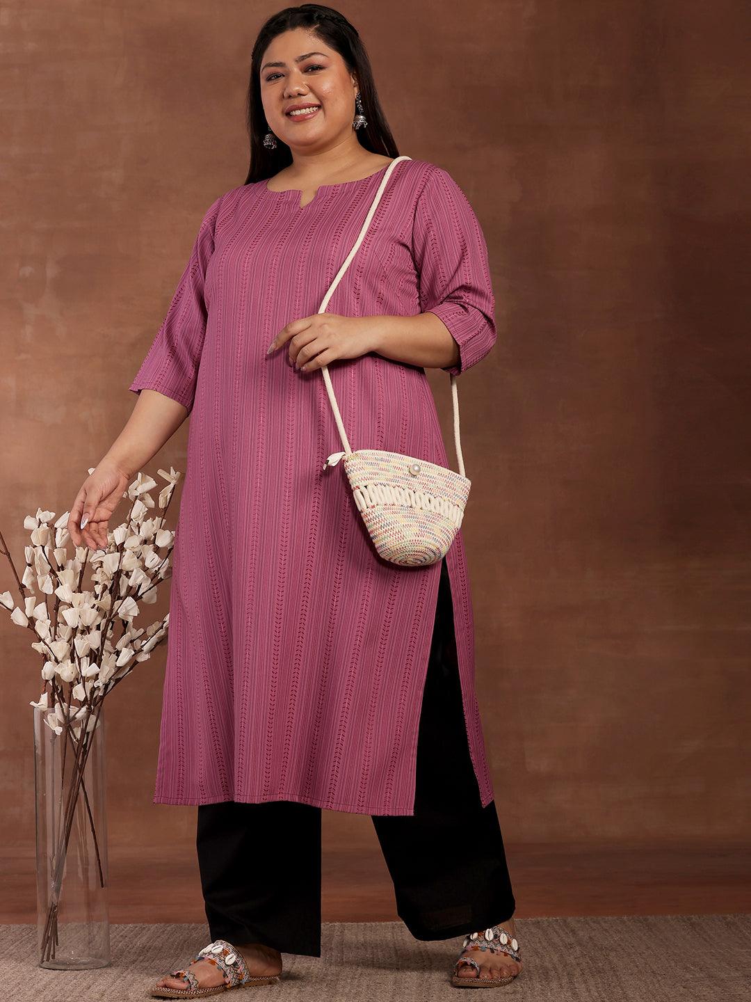 Plus Size Mauve Striped Rayon Kurta - Jashvi