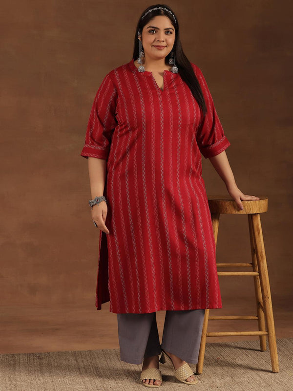 Plus Size Red Striped Rayon Straight Kurta - Jashvi