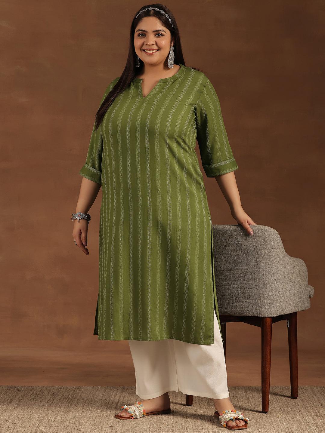 Plus Size Green Striped Rayon Straight Kurta - Jashvi