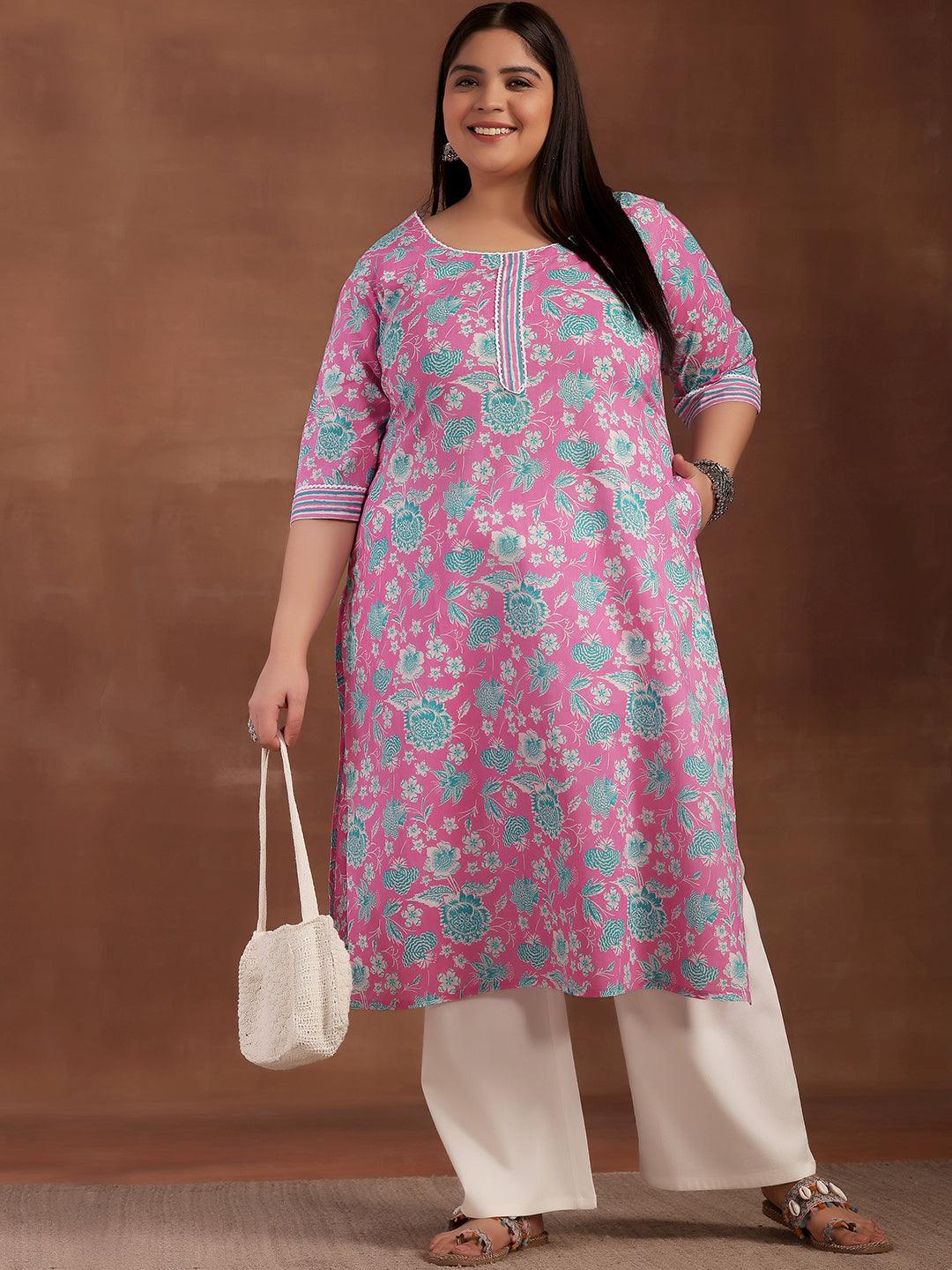 Plus Size Pink Printed Cotton Kurta - Jashvi