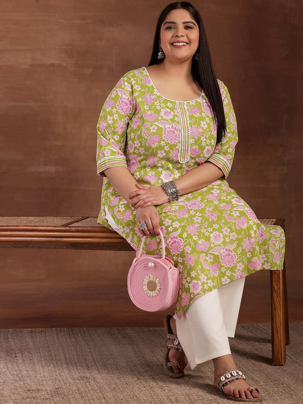 Plus Size Green Printed Cotton Kurta - Jashvi