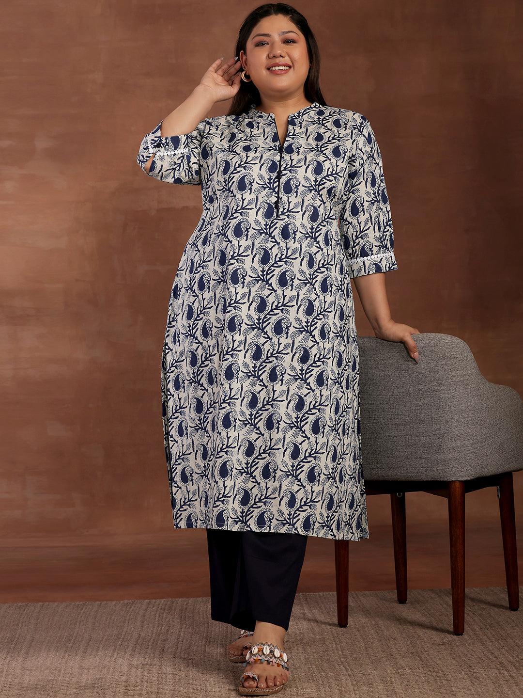 Plus Size Blue Printed Cotton Kurta - Jashvi