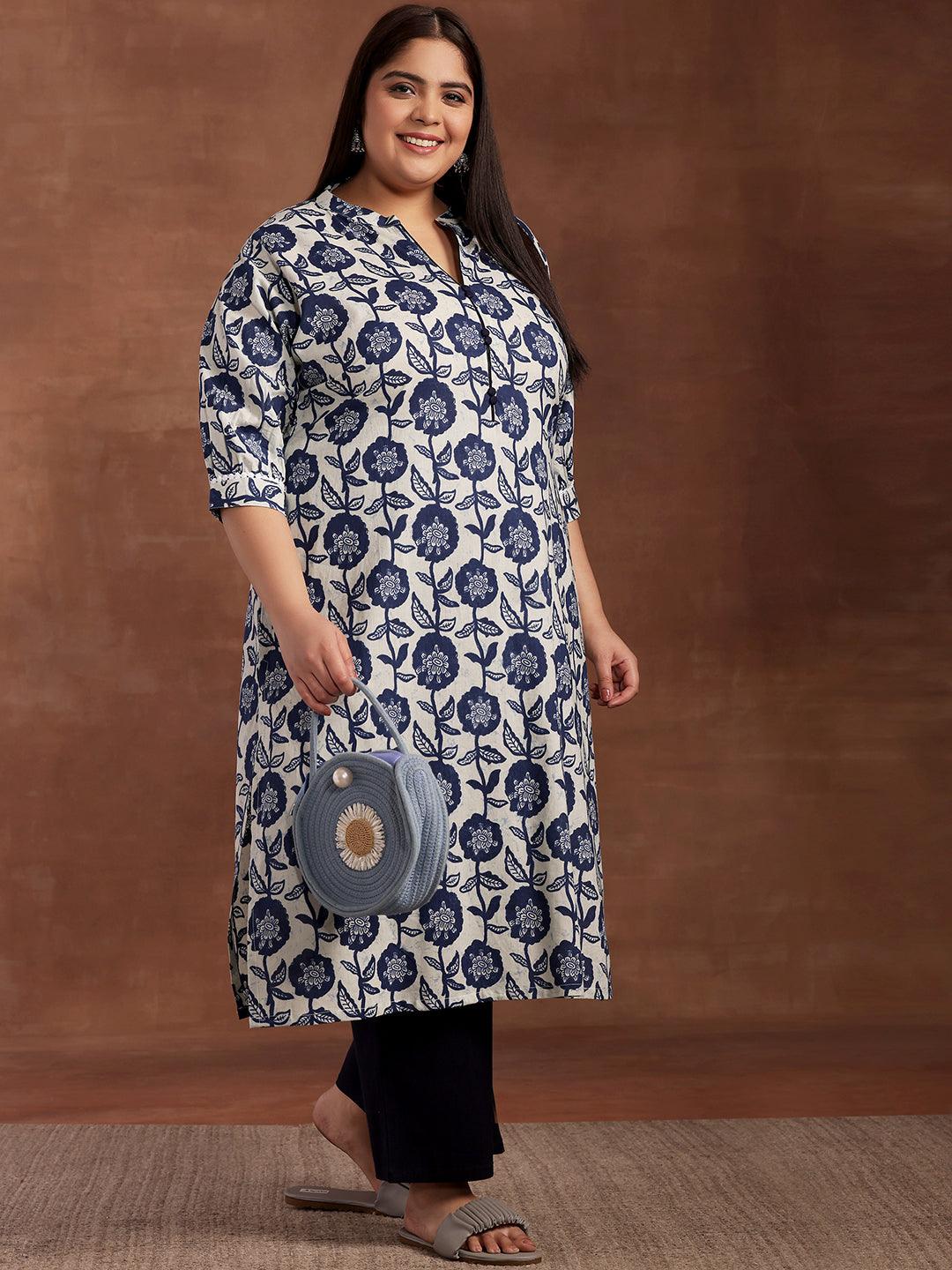 Plus Size Blue Printed Cotton Kurta - Jashvi