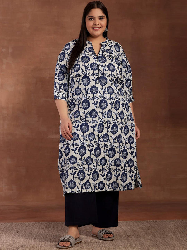 Plus Size Blue Printed Cotton Kurta