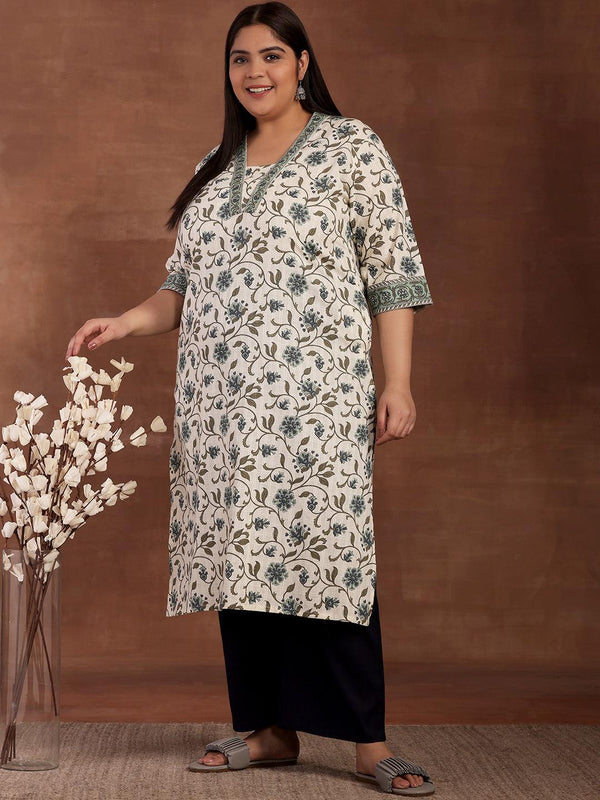 Plus Size Off White Printed Cotton Kurta - Jashvi