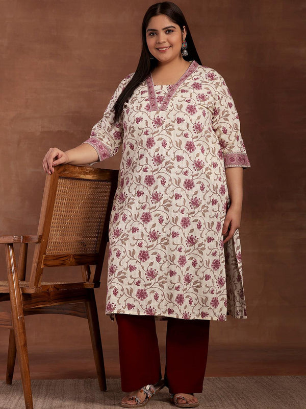 Plus Size Off White Printed Cotton Kurta - Jashvi